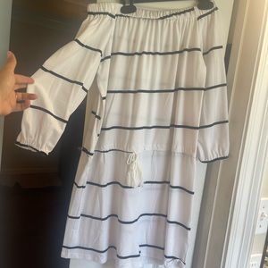 White and Blue Striped Off the Shoulder Summer Romper! Never worn, size Medium